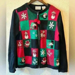 VTG Basic Editions‎ Women’s Size M Snowman Patchwork Christmas Zip Up Sweater
